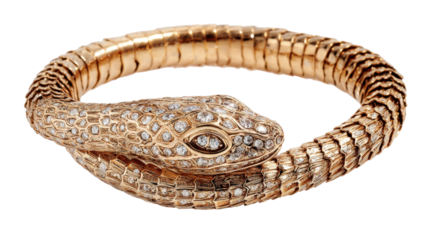 Bracelet designed as a snake wrapped around a wrist, with diamond eyes, isolated on a Transparent background, PNG file.