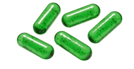 flying Green Gel Capsules, isolated on transparent cutout background, cut out, png