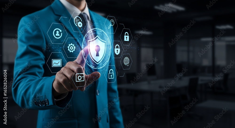 Poster businessman in blue suit interacting with cyber security interface, representing protection and data