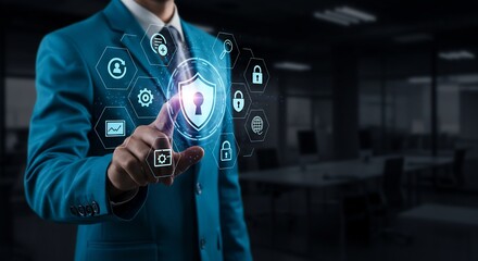 Businessman in Blue Suit Interacting with Cyber Security Interface, Representing Protection and Data Encryption Technology