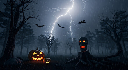 Halloween night scene with pumpkins skull bats and lightning in a spooky dark forest setting