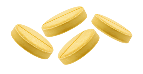 flying yellow pills, isolated on transparent cutout background, cut out, png