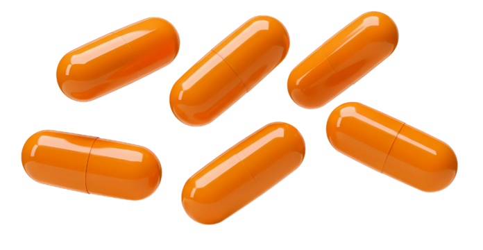 flying orange capsules, isolated on transparent cutout background, cut out, png