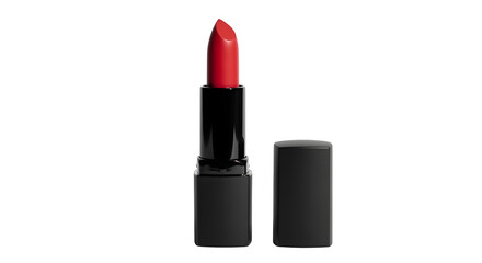 Fototapeta premium Classic red lipstick in matte black tube, cap open, isolated on white background