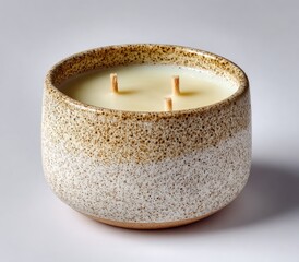 Round ceramic candle holder with a creamy, speckled glaze