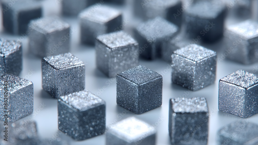 Poster Close-up view of many small, metallic, gray cubes with a subtle glitter texture arranged in a grid-like pattern on a light background.