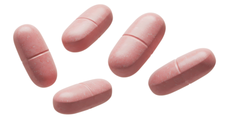 Four pink pills floating in the air, isolated on transparent cutout background, cut out, png
