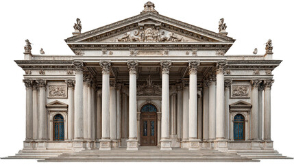 Obraz premium Classic Architecture: Iconic classical architecture with grand columns, ornate facades, and detailed stonework, isolated on a Transparent background, PNG file.