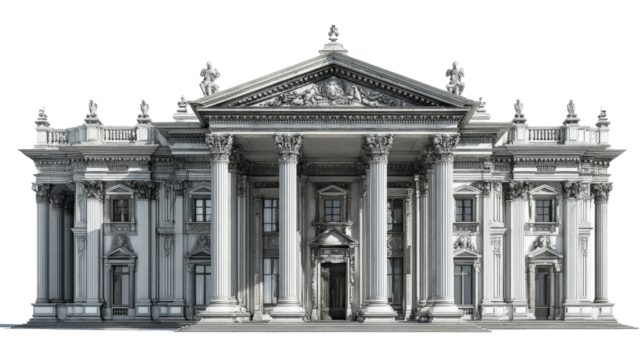 Classic Architecture: Iconic classical architecture with grand columns, ornate facades, and detailed stonework, isolated on a Transparent background, PNG file. - Powered by Adobe