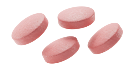 Four oval pink pills floating in the air, isolated on transparent cutout background, cut out, png