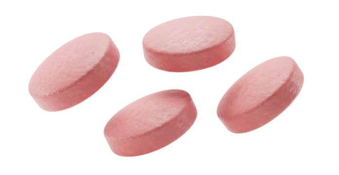 Four oval pink pills floating in the air, isolated on transparent cutout background, cut out, png