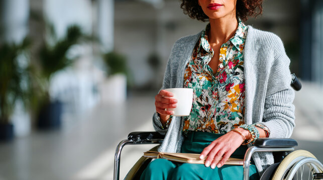 Stylish biracial woman in a wheelchair holding coffee and tablet in a bright open office space - Powered by Adobe