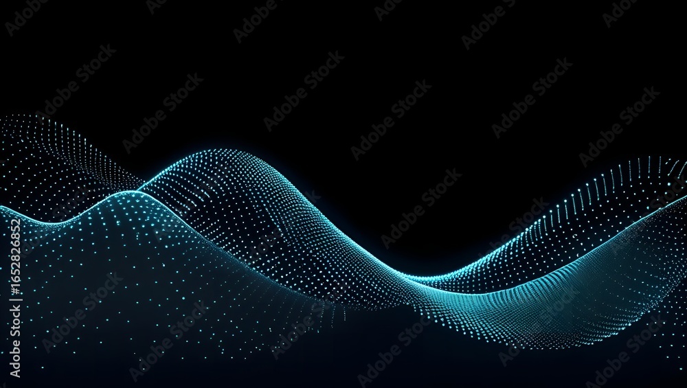 Poster abstract glowing blue digital wave pattern formed by countless tiny particles on a dark background