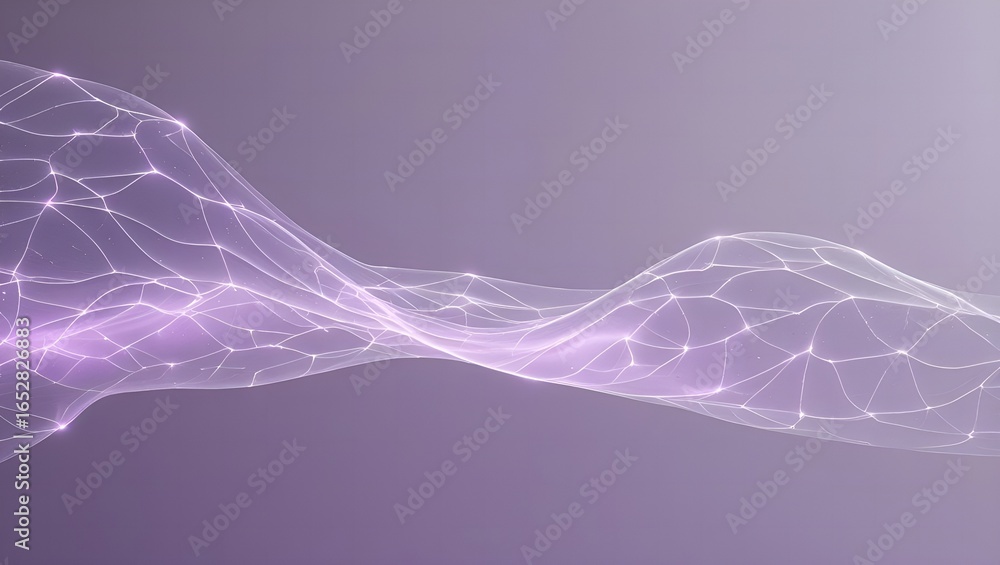Poster abstract glowing purple wave of interconnected digital nodes and lines against a soft gradient backg