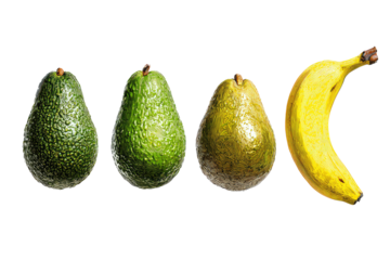 Four fruits, three avocados and one banana, arranged in a horizontal row.  The avocados vary in shade of green, from light to dark. The banana is yellow.  Fruits are whole and in focus