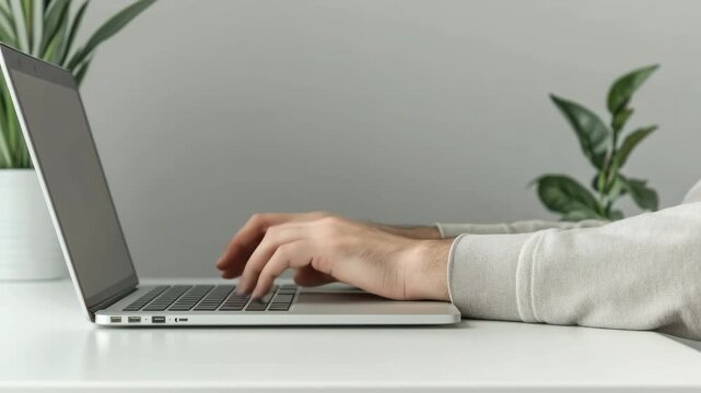Programmer writing code on laptop keyboard