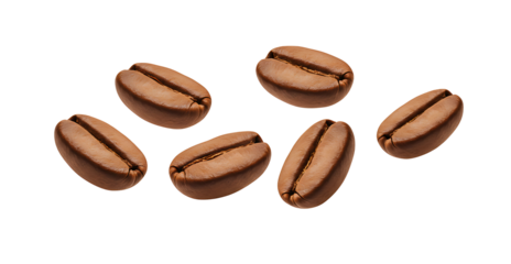 flying roasted coffee beans, isolated on transparent cutout background, cut out, png