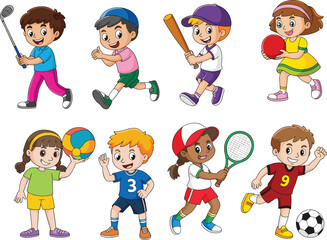 Vectorizer happy kids playing sports baseball soccer tennis volleyball golf running active children exercising outdoor fun healthy lifestyle colorful outfits energetic joyful teamwork fun playtime