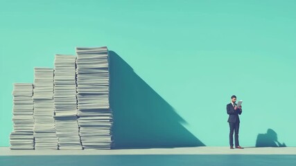 Businessman reading on tablet with growing stack of paper