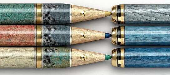 Four colorful pencils, each with a unique wood grain pattern and gold accents