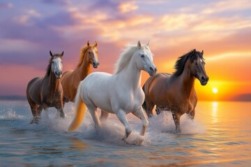 Obraz premium Majestic horses running through shallow waters at sunset, creating a stunning scene of beauty and freedom.
