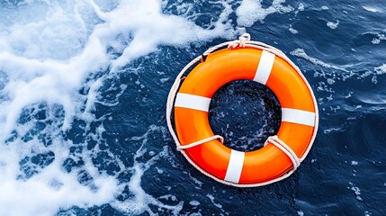 Life buoy ring on rough sea, stormy sky, life preserver in the ocean - concept of rescue and danger. Symbolizes financial aid as emergency help.
