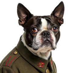Portrait of a boston terrier dog wearing a vintage military uniform isolated on transparent background