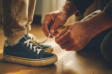 Parent helping child with shoe laces home setting photography warm lighting close-up family bonding