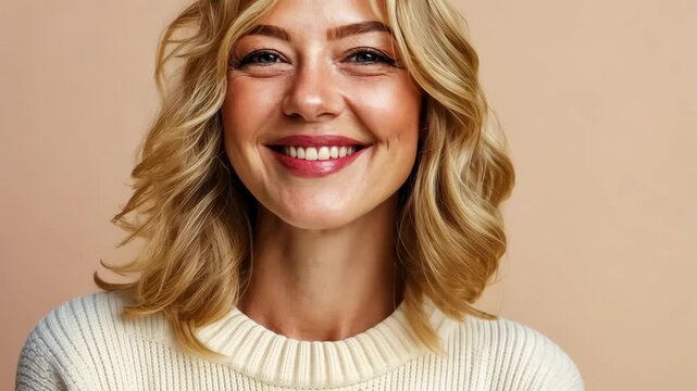 Joyful woman smiling and connecting with the camera in bright, warm setting
