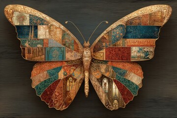Butterfly wings composed of ornate, patterned textiles