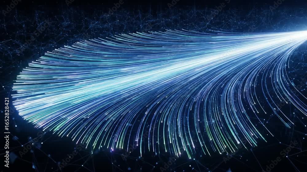 Poster flowing data stream of light streaks through network animation