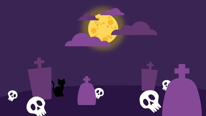 Spooky Halloween background illustration animation of haunted cemetery 