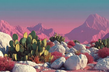 Pink-toned desert landscape with cacti and rocks