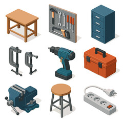 Strip electric workshop toolbox cabinet stool vector vise icon tool bench set