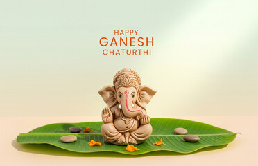 Fototapeta premium Realistic Ganesh Chaturthi poster of a small eco-friendly Ganesha idol on a banana leaf, pastel background, minimal decorations, text ‘Happy Ganesh Chaturthi’