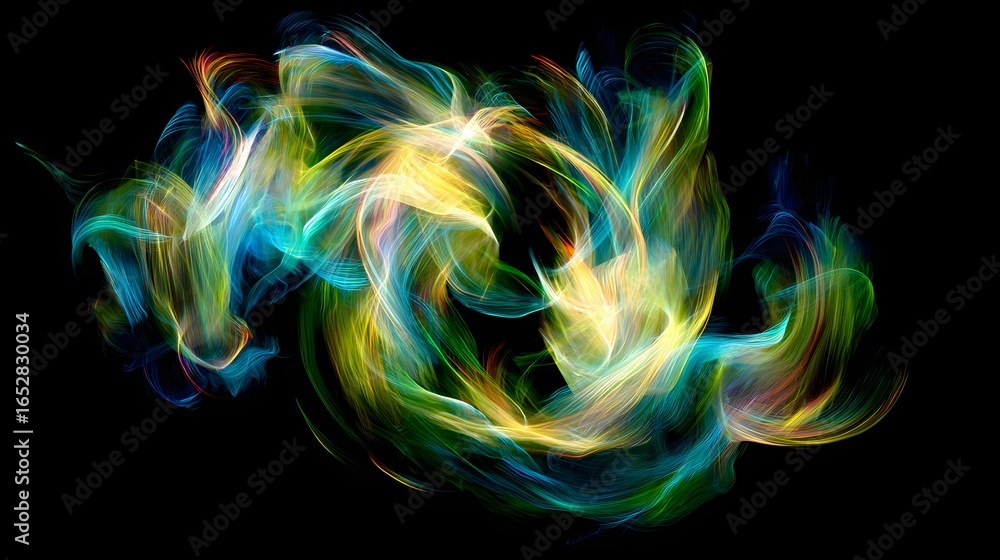 Poster a vibrant display of swirling, luminous streaks of color against a stark black background creates a 