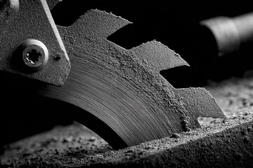 Close-up of a dusty circular saw blade cutting material