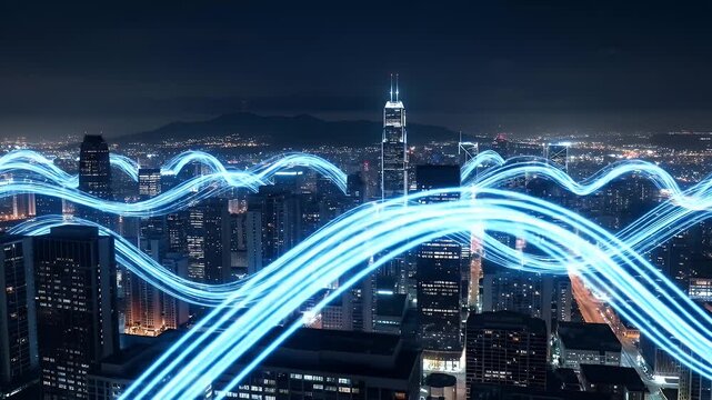 Futuristic cityscape at night with glowing blue light trails representing digital network connections and data flow - Powered by Adobe