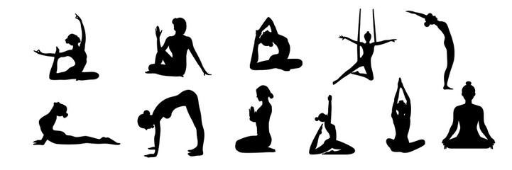 Set of silhouettes of women, silhouette of ladies doing yoga, silhouette of people, exercise, silhouette of women doing yoga, healthy, fitness 