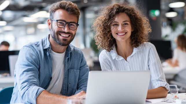 Happy Team Interaction Featuring Coworkers Discussing a Project in a Modern Workplace