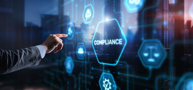Businessman clicks Compliance Rules Law Business Technology concept