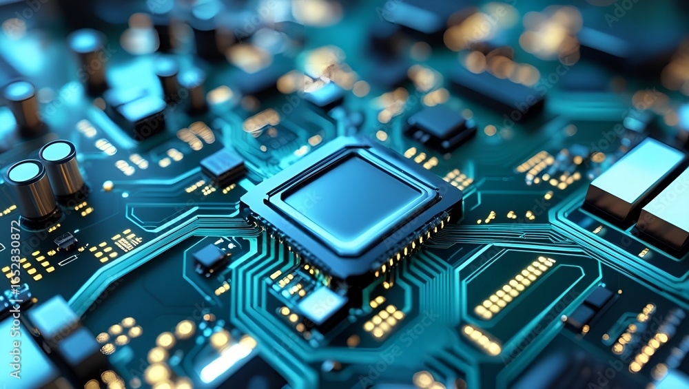 Poster close up of a central processing unit on a glowing blue and green electronic circuit board with intr