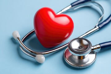A close-up image of a red heart object next to a stethoscope on a blue background, symbolizing health, care, and medical attention.