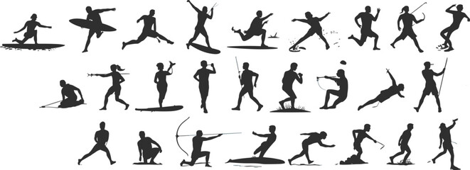 Athlete silhouette vector illustration, dynamic sports poses, surfing, running, archery, fitness training, black figures, active movement, cad drawing art