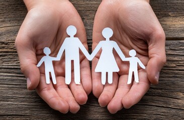 Two hands hold paper cutouts of a family, symbolizing love and unity. This image captures the essence of togetherness and family bonds, evoking feelings of warmth and connection.