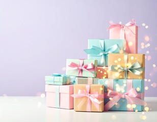 Obraz premium Pastel gift boxes stacked, light bokeh