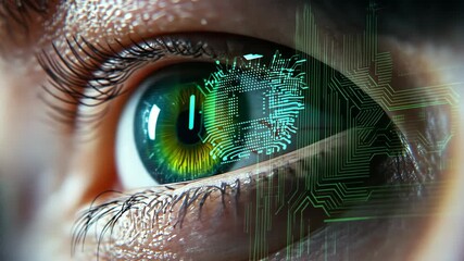 Futuristic eye scanning with circuit overlay reflecting digital technology and biometrics - Powered by Adobe
