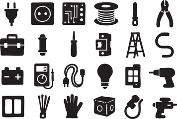 silhouette electrician and handyman tools icons, including power plug, outlet, circuit board, toolbox, drill, pliers, light bulb, battery, and fuse box, arranged in clean grid layout for technical 