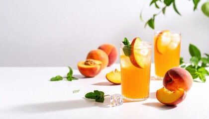 Fototapeta premium Refreshing Peach and Mint Iced Tea Served in a Clear Glass with Fresh Ingredients on a Sunny Day
