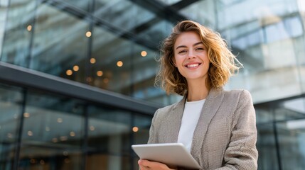 Young Executive Standing Outdoors with Digital Tablet Against a Reflective Urban Building Facade